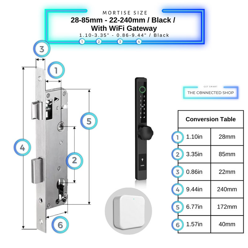 Smart Door Lock Thin - 28-85mm (22x240mm) - Black - With WiFi Gateway