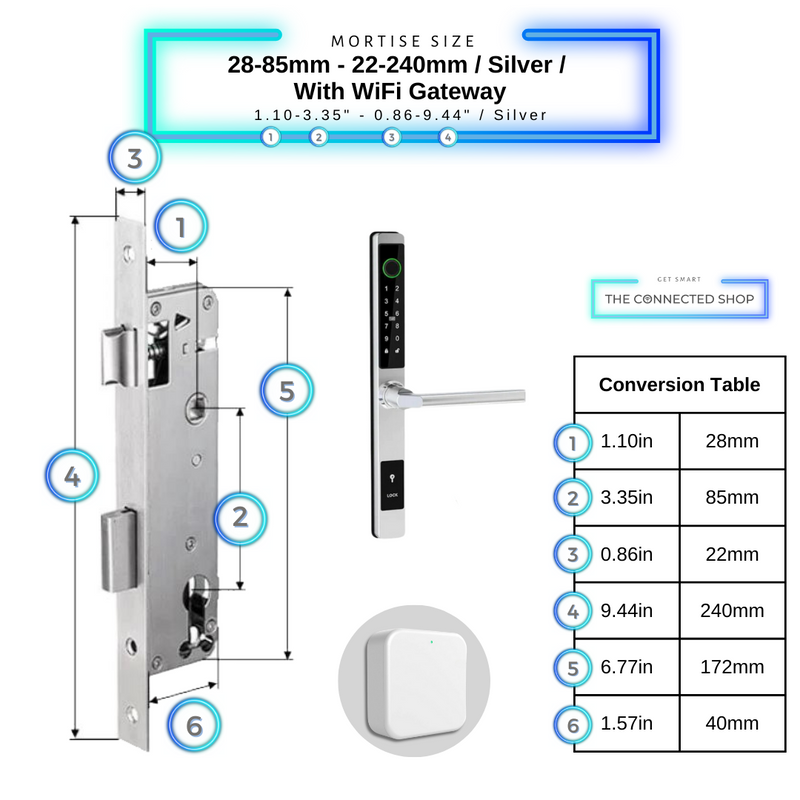 Sliding Door Smart Door Lock - 28-85mm (22x240mm) - Silver - With WiFi Gateway