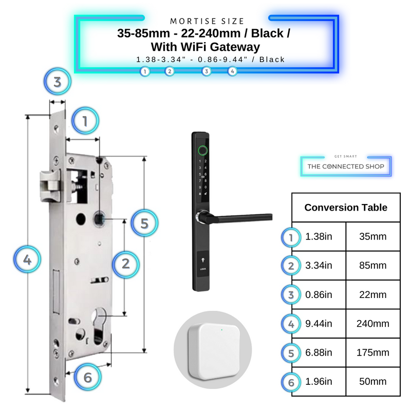 Sliding Door Smart Door Lock - 35-85mm (22x240mm) - Black - With WiFi Gateway