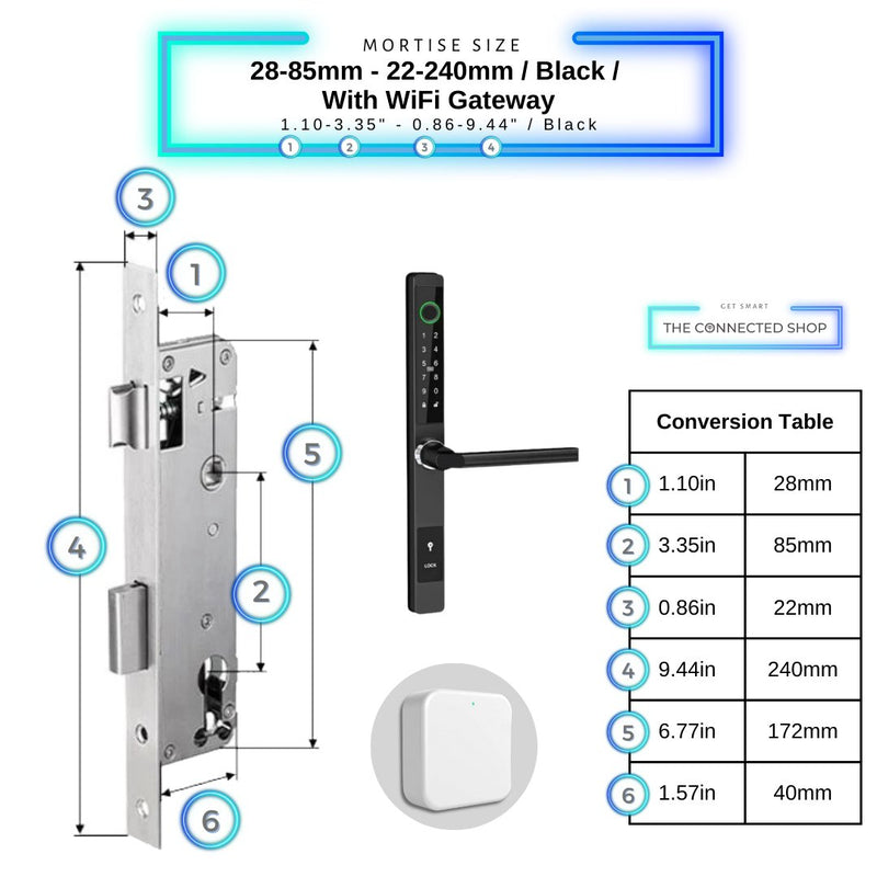 Sliding Door Smart Door Lock - 28-85mm (22x240mm) - Black - With WiFi Gateway