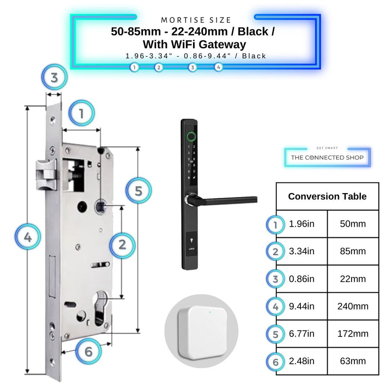 Sliding Door Smart Door Lock - 50-85mm (22x240mm) - Black - With WiFi Gateway