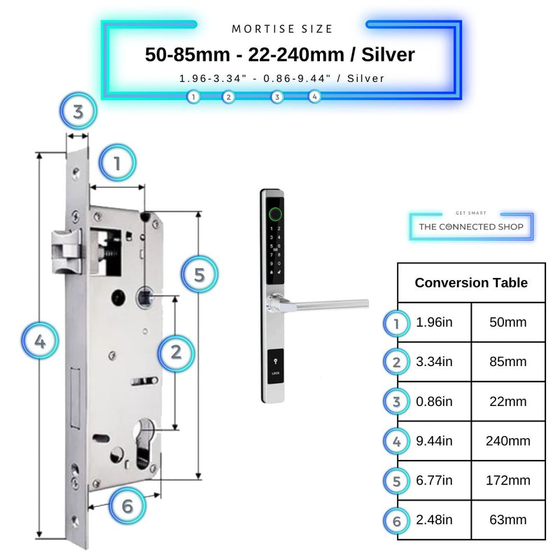 Sliding Door Smart Door Lock - 50-85mm (22x240mm) - Silver - No WiFi Gateway