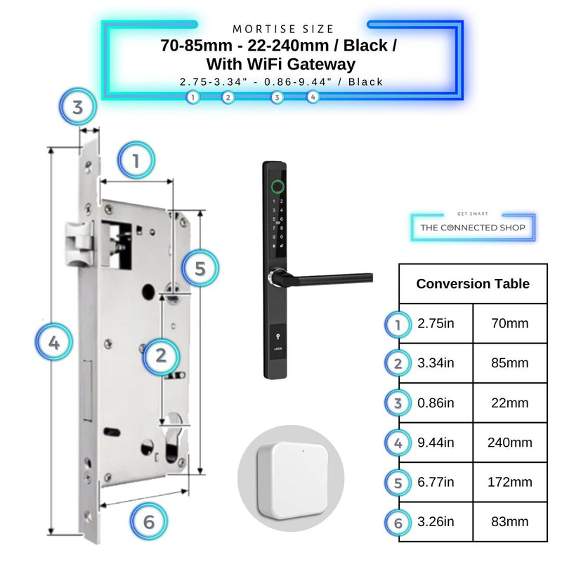 Sliding Door Smart Door Lock - 70-85mm (22x240mm) - Black - With WiFi Gateway