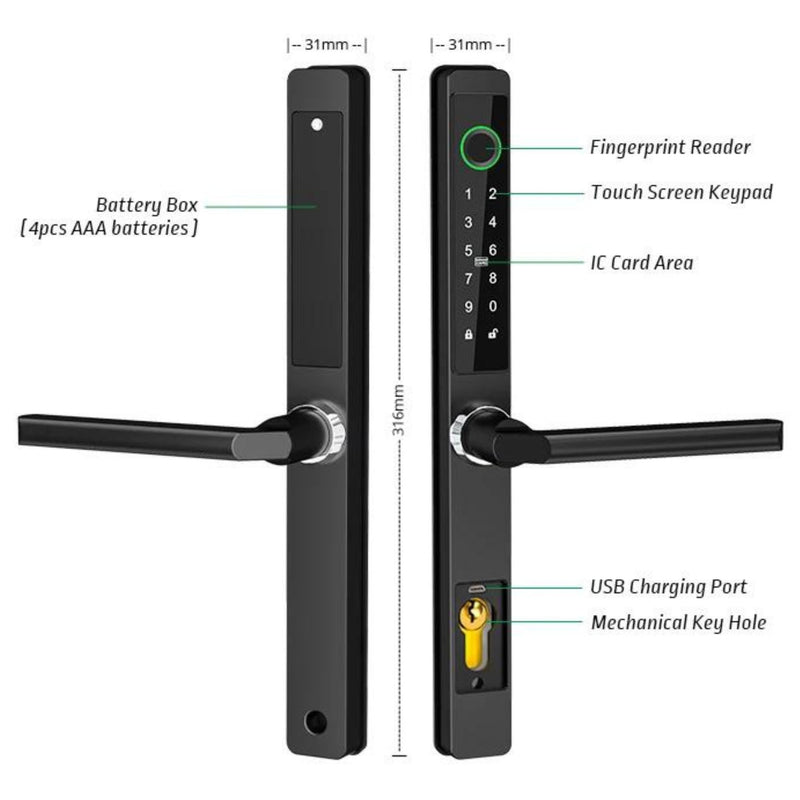 Sliding Door Smart Door Lock - No mortise - Black - No WiFi Gateway