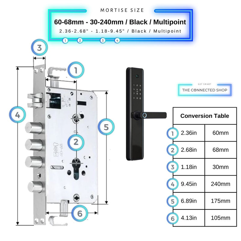 Smart Door Lock Camera - Black - 60-68mm (30x240mm) Multipoint -