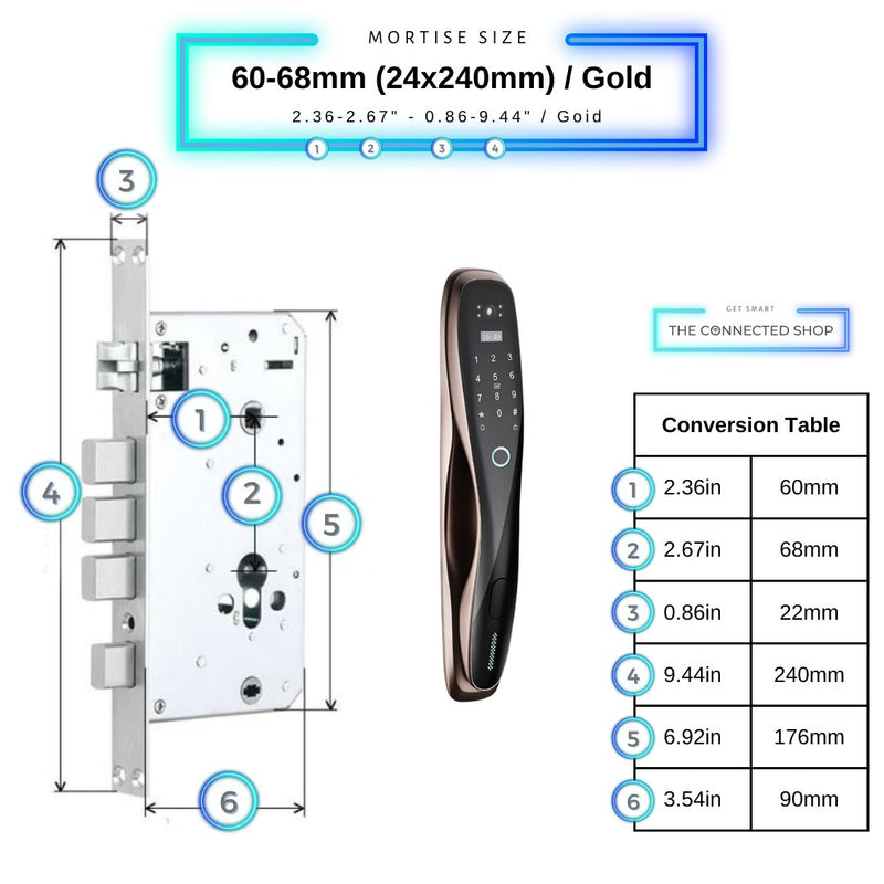 Smart Door Lock Camera Fingerprint WiFi - Gold - 60-68mm (24x240mm) -