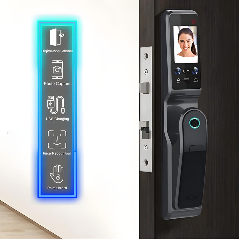 Smart Door Lock Face Recognition Dual Screen - Black - 60-68mm 