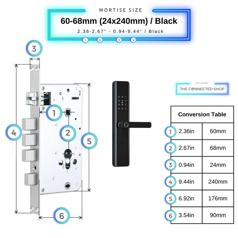 Smart Door Lock Thick - 60-68mm (24x240mm) - Black - No WiFi Gateway