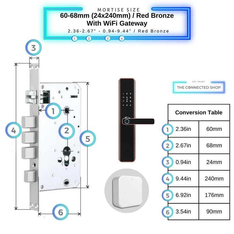 Smart Door Lock Thick - 60-68mm (24x240mm) - Red Bronze - With WiFi Gateway