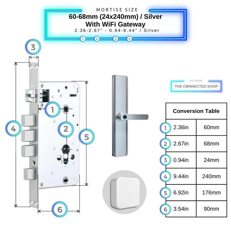 Smart Door Lock Thick - 60-68mm (24x240mm) - Silver - With WiFi Gateway