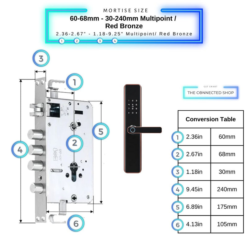 Smart Door Lock Thick - 60-68mm (30x240mm) Multipoint - Red Bronze - No WiFi Gateway