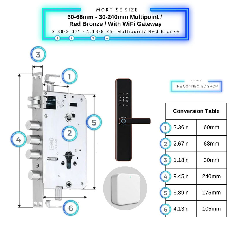 Smart Door Lock Thick - 60-68mm (30x240mm) Multipoint - Red Bronze - With WiFi Gateway