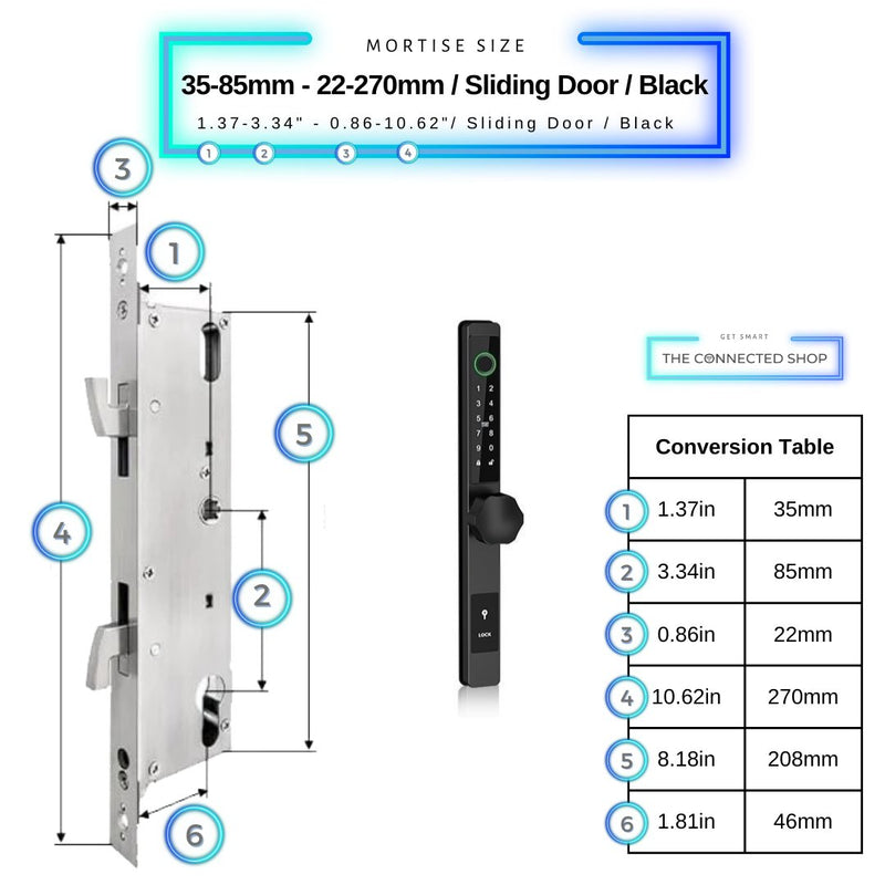 Smart Door Lock Thin - 35-85mm (22x270mm) Sliding Door - Black - No WiFi Gateway