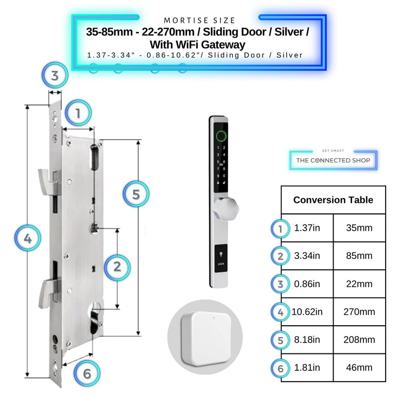 Smart Door Lock Thin - 35-85mm (22x270mm) Sliding Door - Silver - With WiFi Gateway