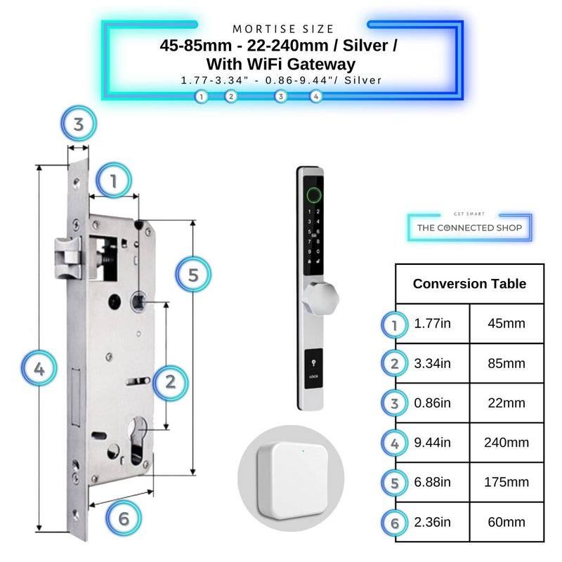 Smart Door Lock Thin - 45-85mm (22x240mm) - Silver - With WiFi Gateway