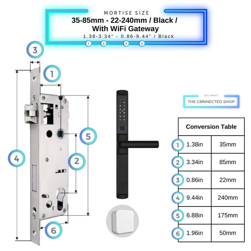 Swing Door Smart Lock - 35-85mm (22x240mm) - Black - With Gateway