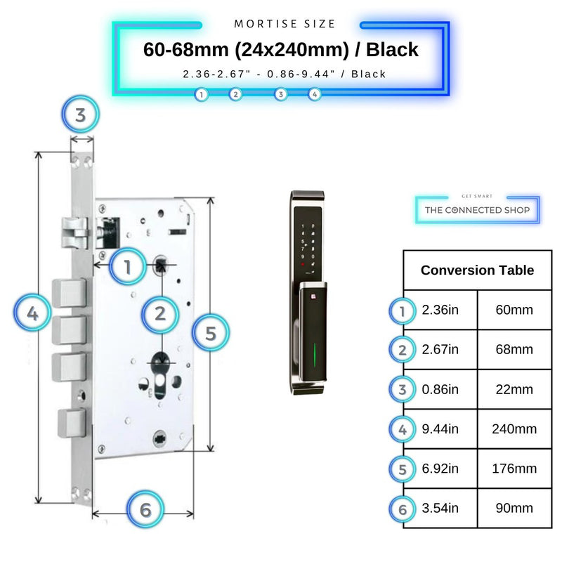 Video Smart Door Lock - Black - 60-68mm (24x240mm) - No WiFi Gateway